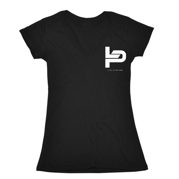 Live In The Pump Black Chest Logo w/Black Lettering Women's V-Neck Tee