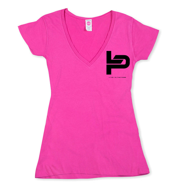 Live In The Pump Black Chest Logo w/Black Lettering Women's V-Neck Tee