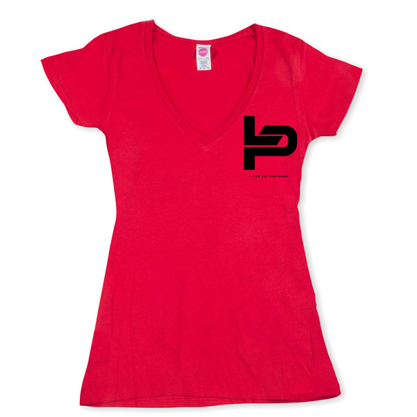 Live In The Pump Black Chest Logo w/Black Lettering Women's V-Neck Tee