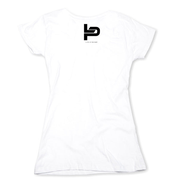 Live In The Pump Black Chest Logo w/Black Lettering Women's V-Neck Tee