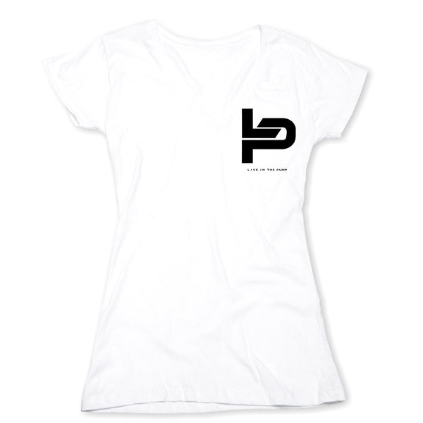 Live In The Pump Black Chest Logo w/Black Lettering Women's V-Neck Tee