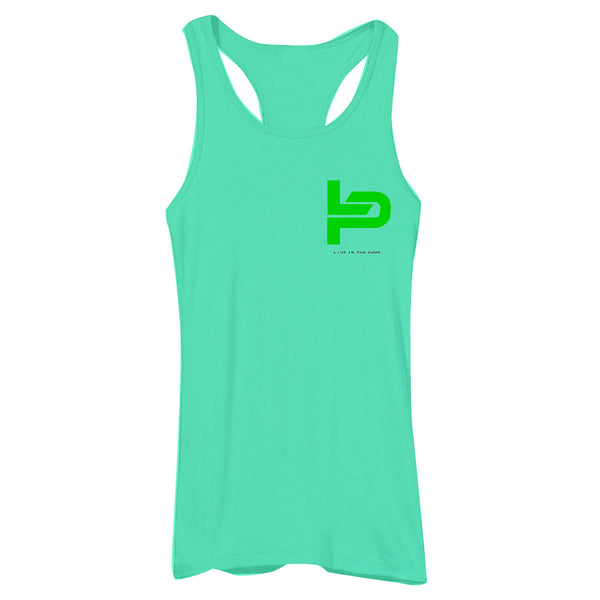 Live in The Pump Green Chest Print Logo Women's Racerback Tank